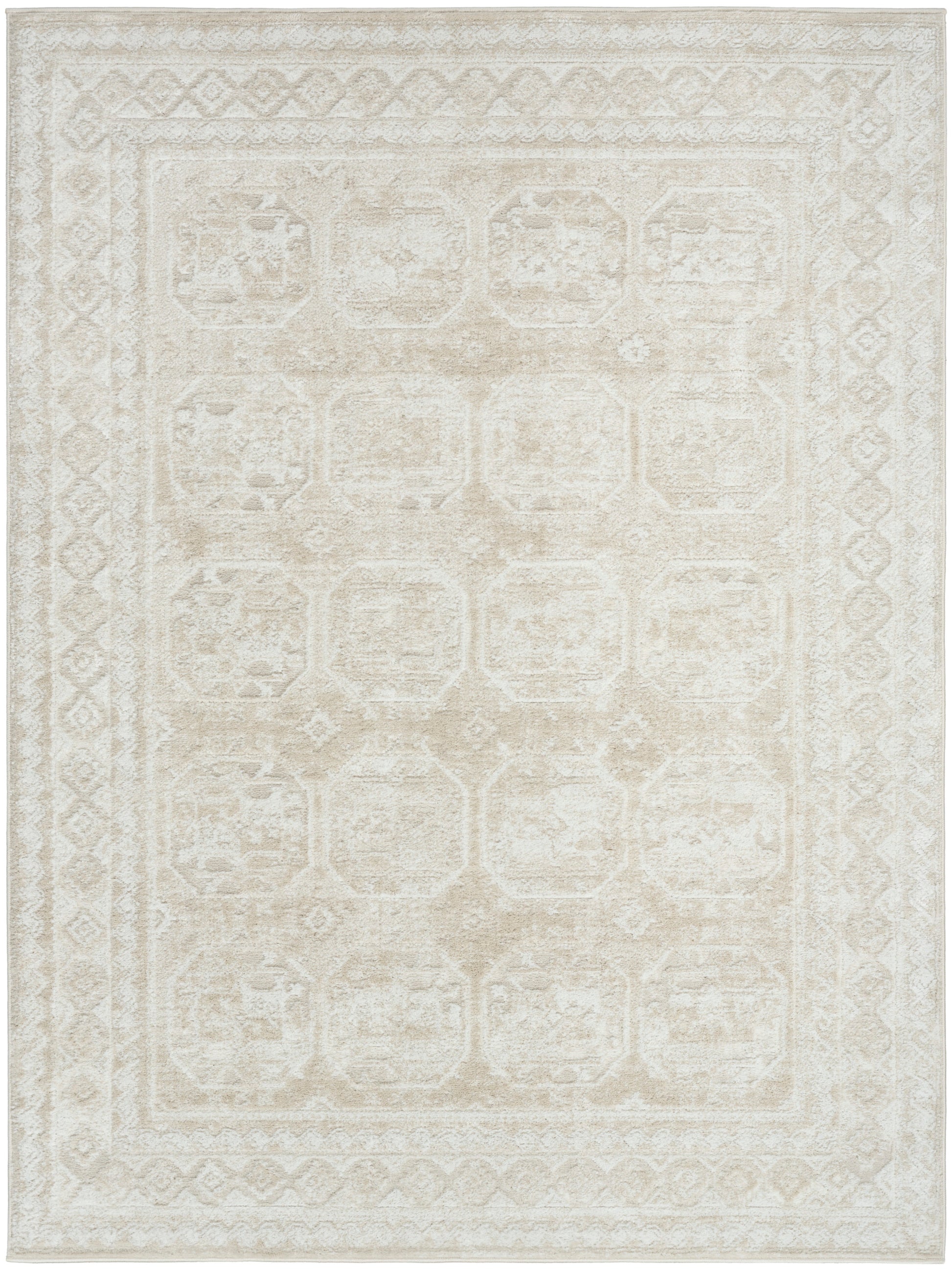 Rectangular cream-beige area rug with subtle distressed oriental medallions and decorative border.