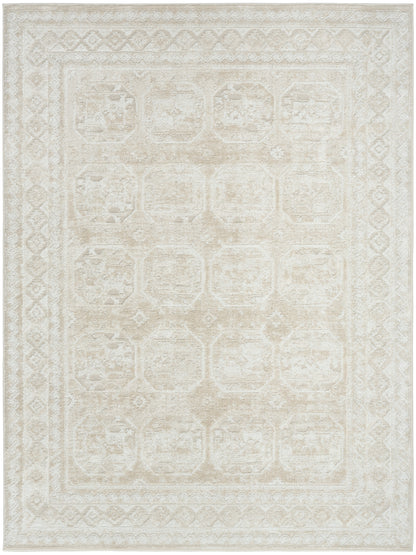 Rectangular cream-beige area rug with subtle distressed oriental medallions and decorative border.