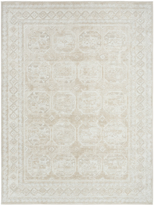 Rectangular cream-beige area rug with subtle distressed oriental medallions and decorative border.