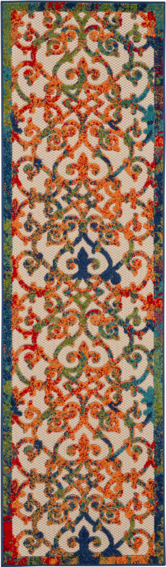 Long rectangular rug with intricate multicolor scrolling arabesque and lattice patterns in orange, teal, blue, green on beige