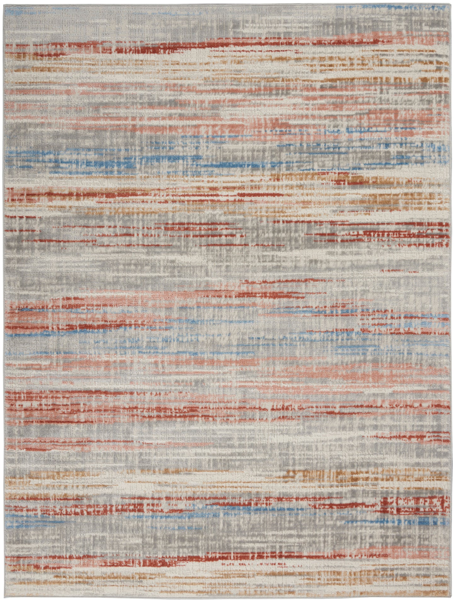 Abstract flat-weave rug with horizontal color bands in red, blue, beige and gray.