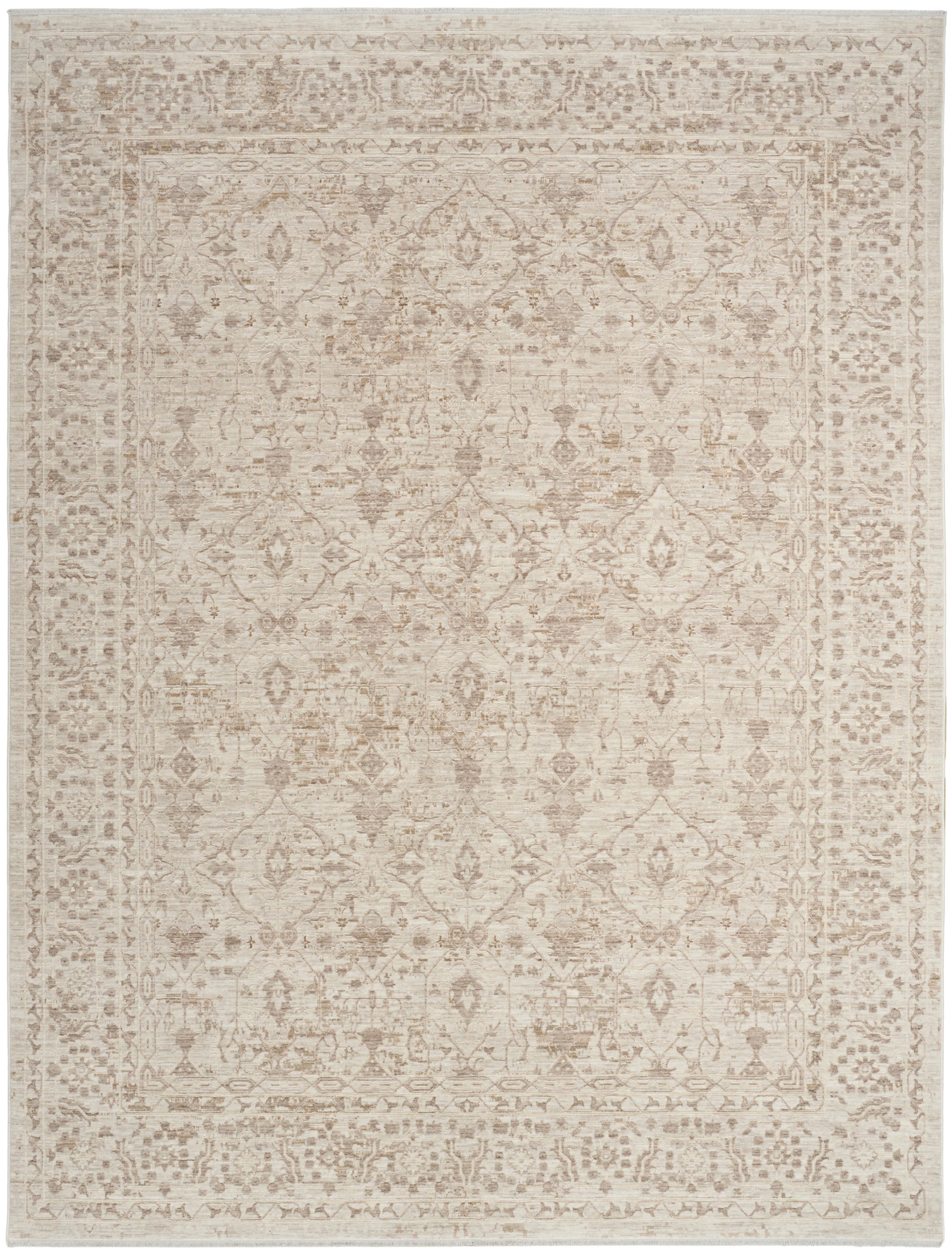 Soft cream-beige Persian-inspired area rug with faded taupe floral lattice pattern and layered border.