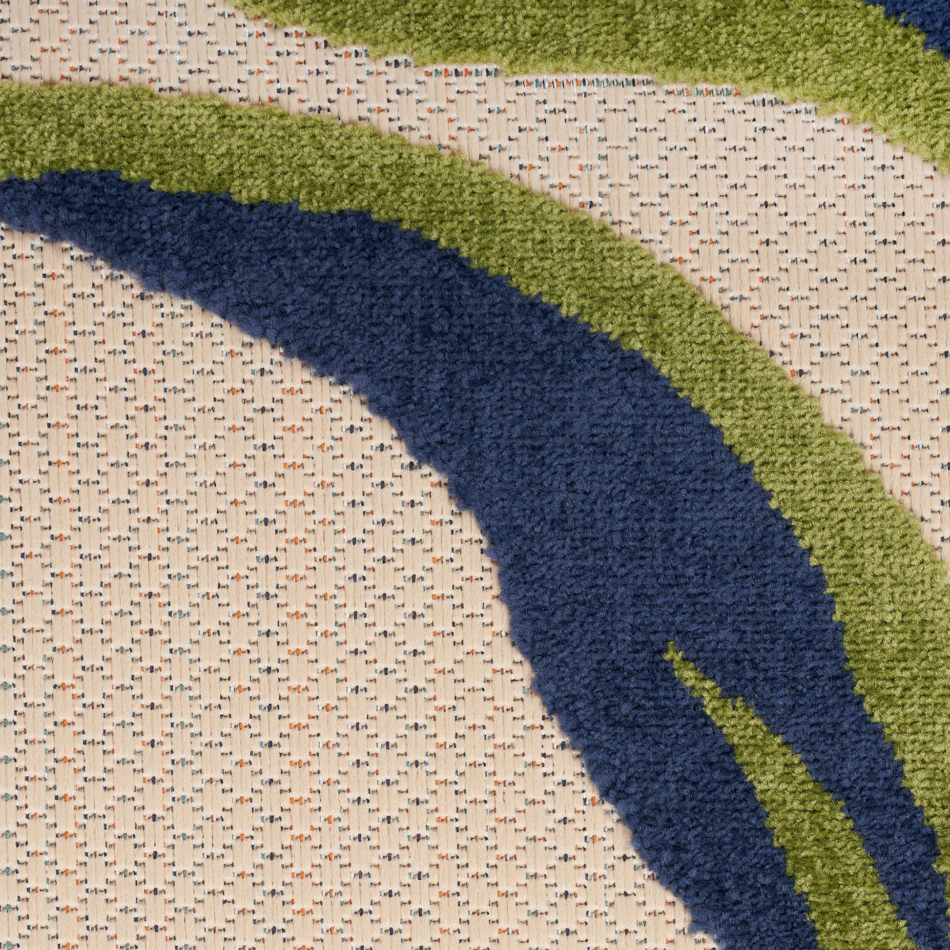 Beige textured 8' runner rug with bold curved blue and olive-green stripes; loop pile, modern geometric design.