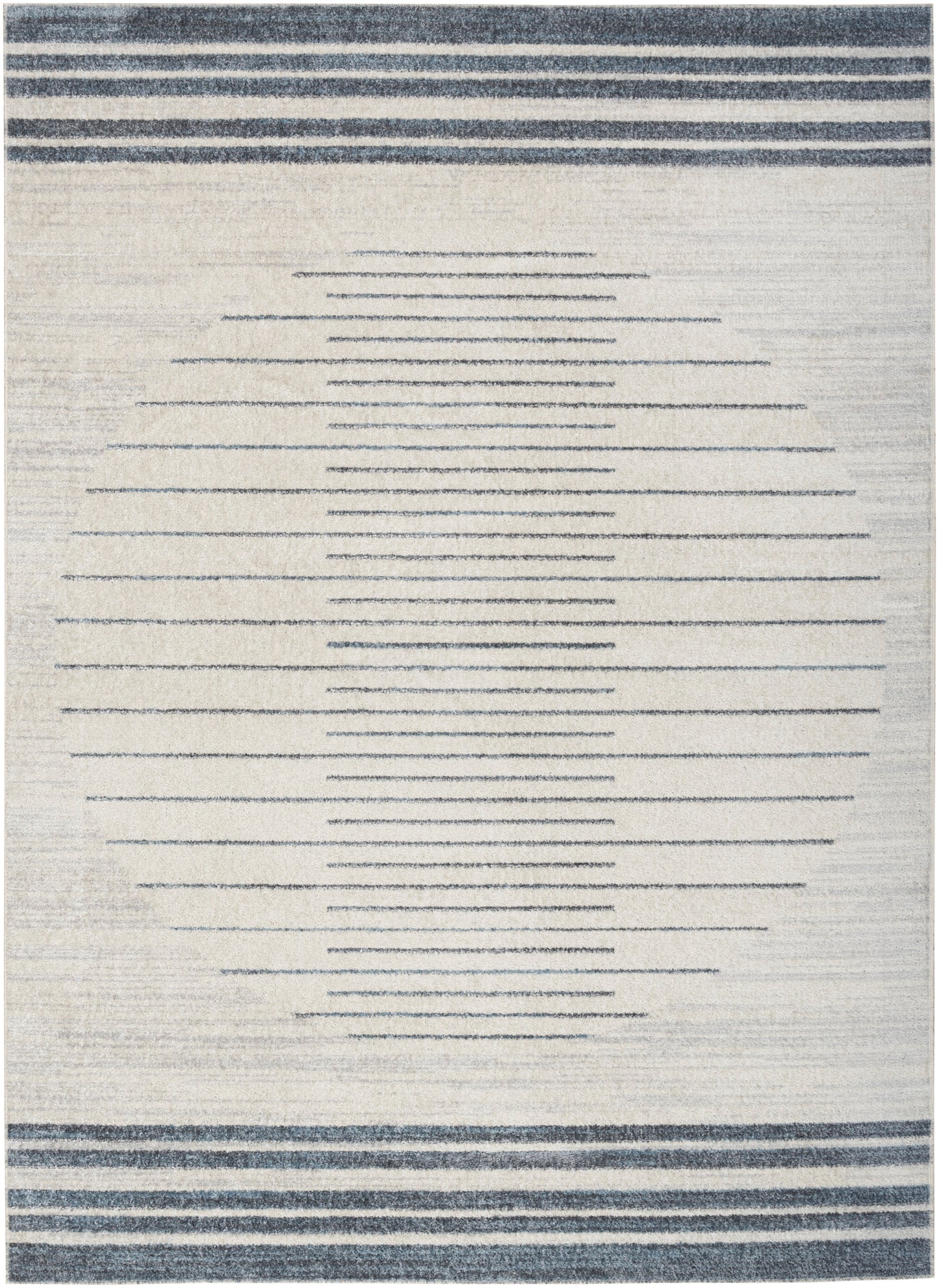 Cream woven rug featuring a navy circular line motif in the center with dark blue top and bottom border stripes.