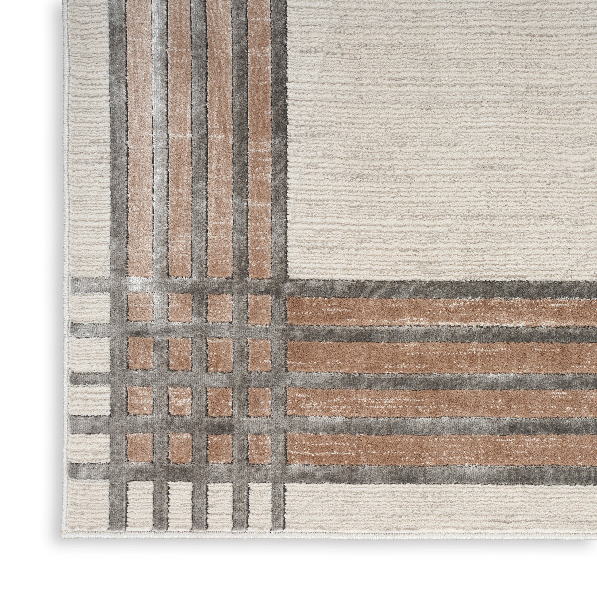 Beige textured area rug with gray grid lines and brown striped accents for a modern geometric look.