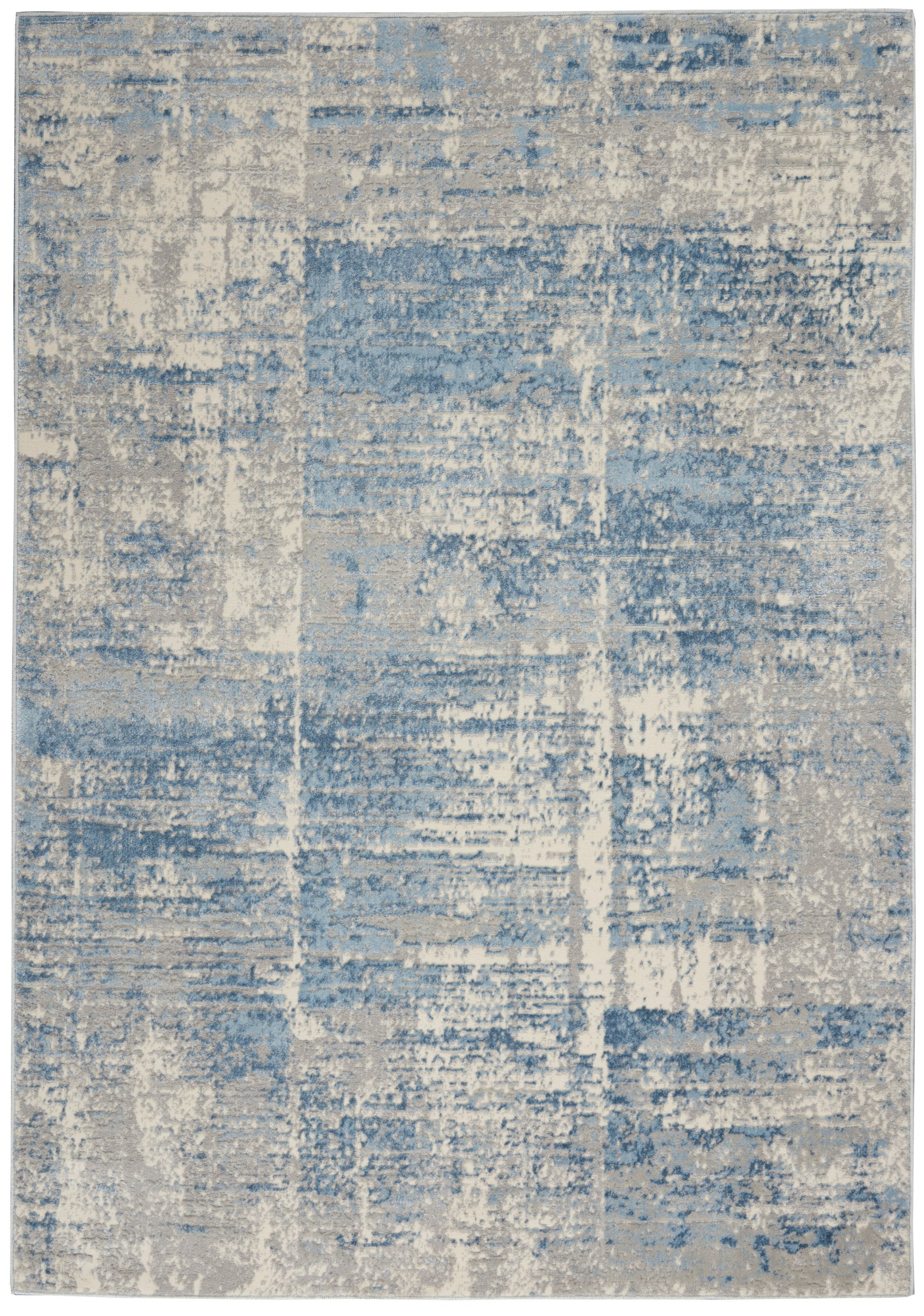 Rectangular blue & ivory distressed abstract rug with soft pile, modern & contemporary style.