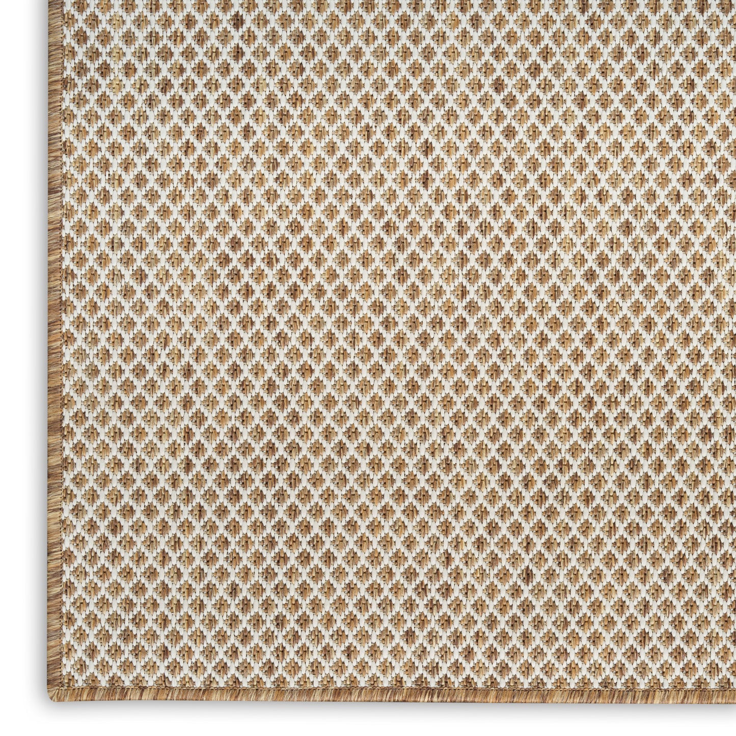 Beige gradient rug with a brown-and-cream woven border along the bottom edge; 10' x 14'.