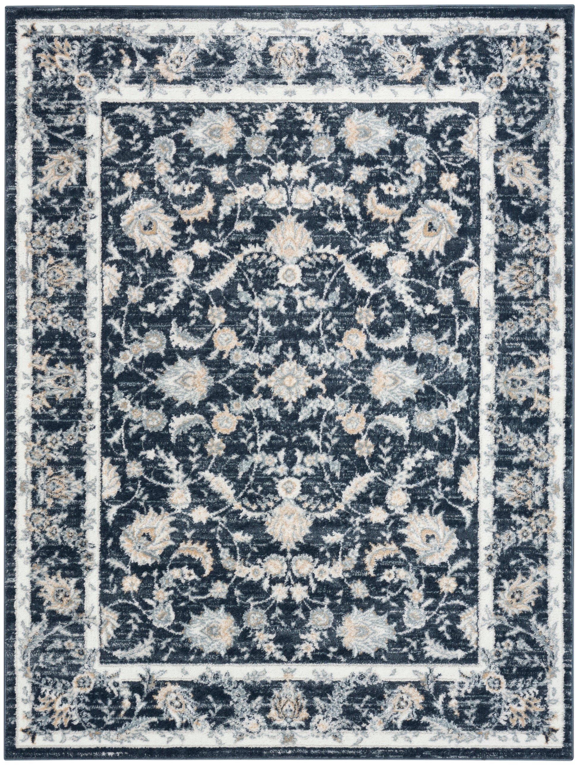 Navy blue area rug with ivory-beige floral vine pattern and layered light borders in a traditional Persian style.