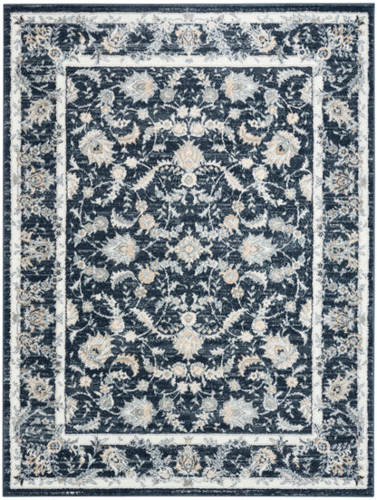 Navy blue area rug with ivory-beige floral vine pattern and layered light borders in a traditional Persian style.