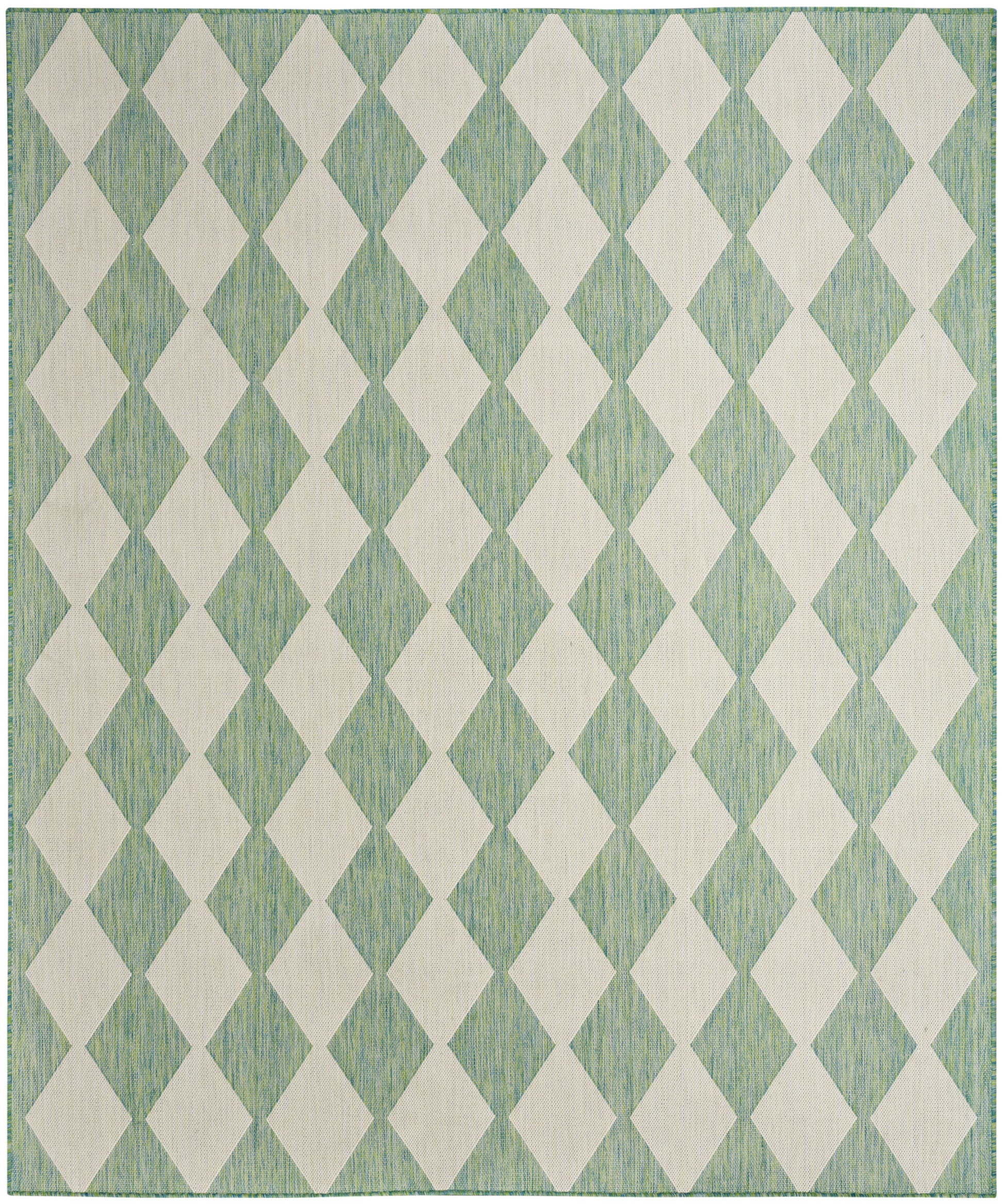 Mint-green woven rug with white diamond harlequin pattern and subtle striped texture.