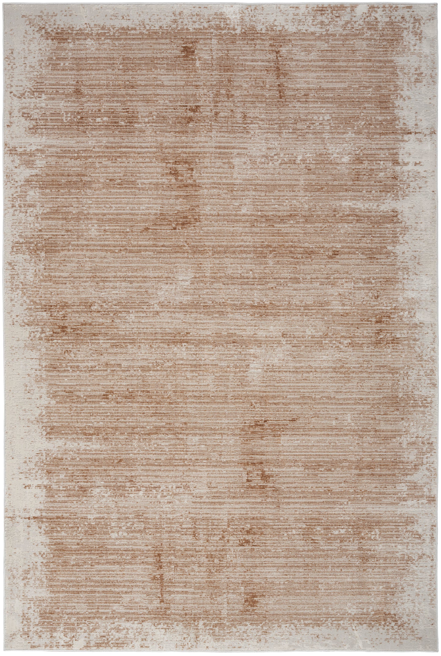 Rectangular beige-tan rug with a distressed brush-stroke pattern for modern, neutral styling.
