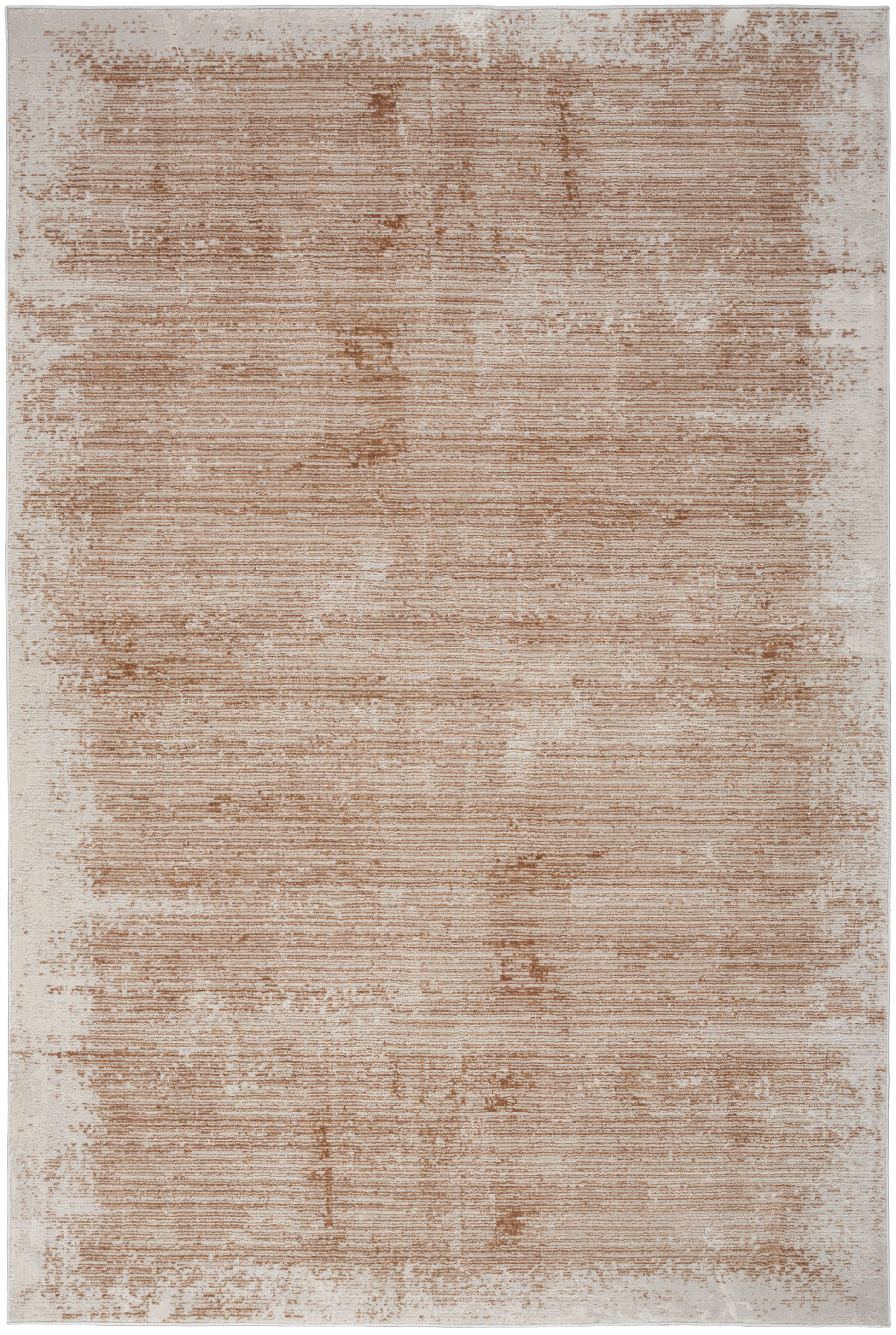 Rectangular beige-tan rug with a distressed brush-stroke pattern for modern, neutral styling.