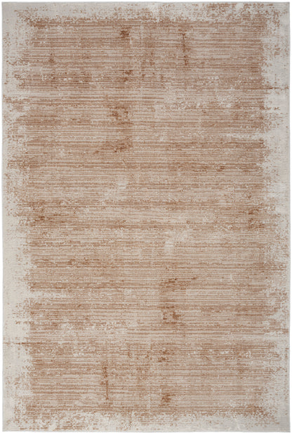 Rectangular beige-tan rug with a distressed brush-stroke pattern for modern, neutral styling.