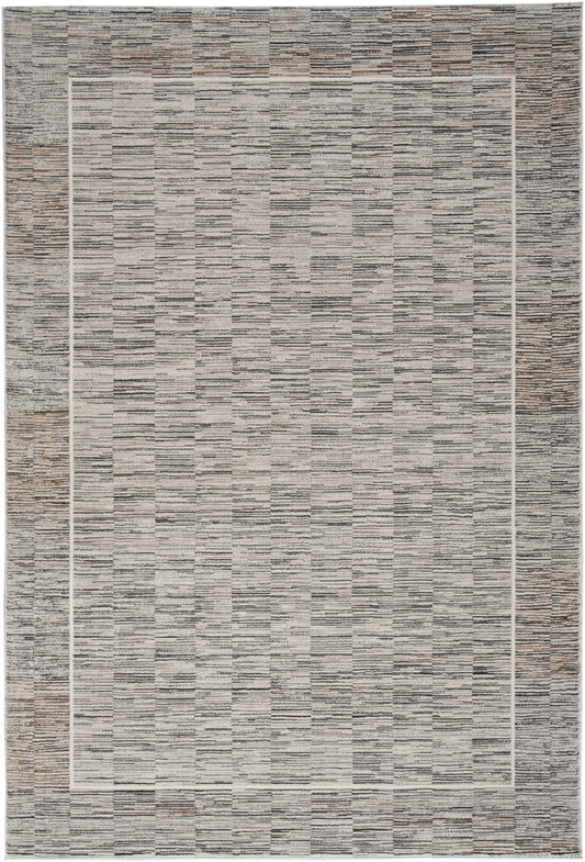 Rectangular modern flat-weave rug in grey, beige & taupe with subtle framed border, neutral living room decor