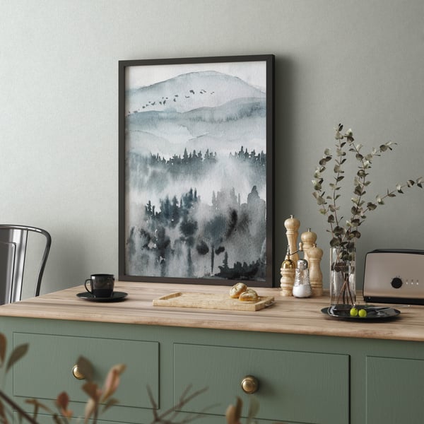 Blue watercolor mountain landscape wallpaper.