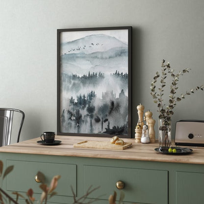 Blue watercolor mountain landscape wallpaper.