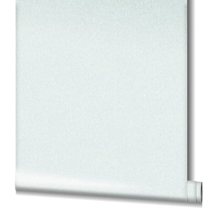 Light blue-gray roller blind fabric with bottom rail and side housing.