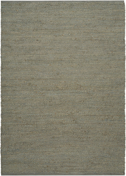 Rectangular natural fiber rug in gray-beige, textured woven surface, rustic minimalist style for living room or entry.