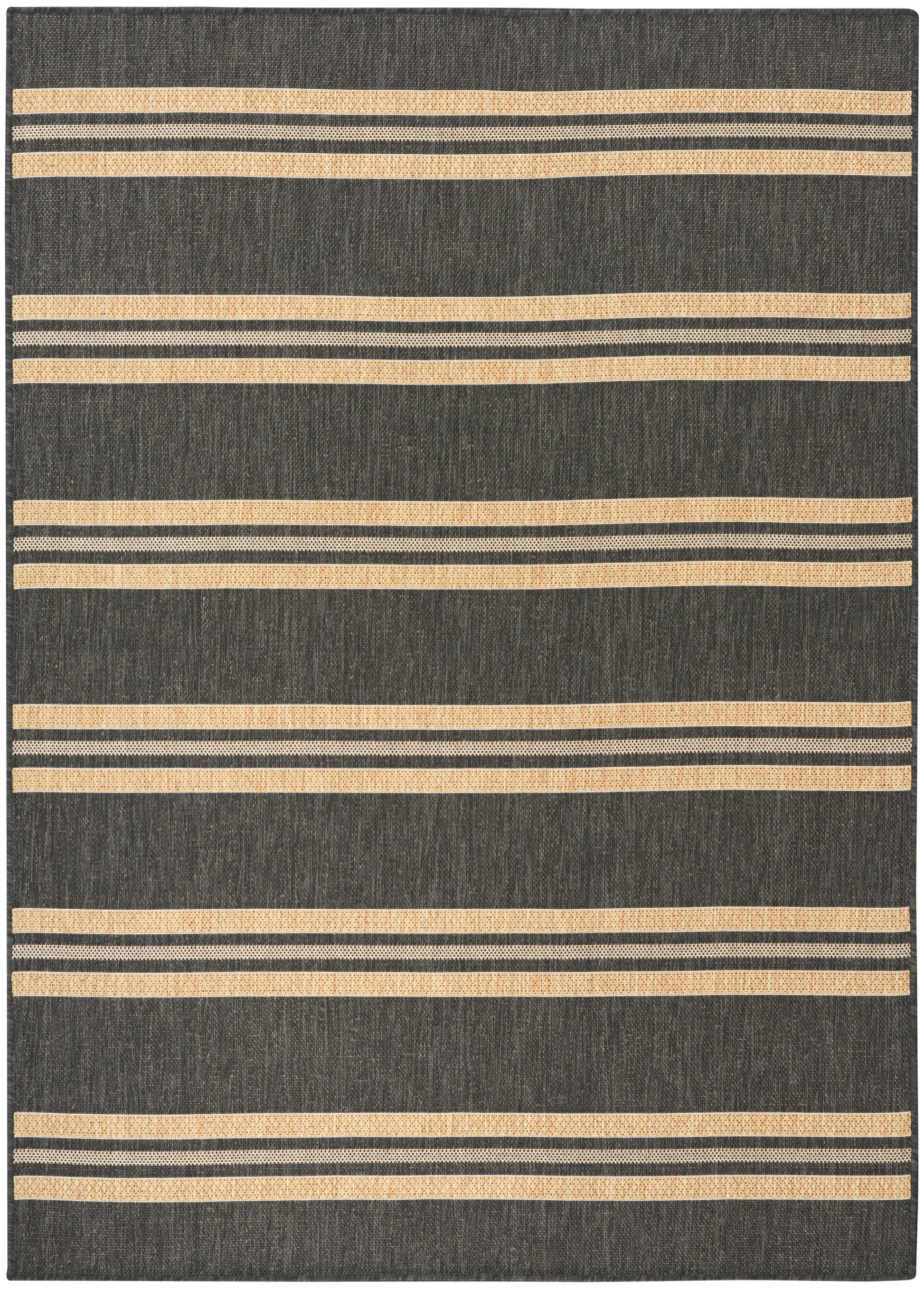 Dark gray woven rug with light beige horizontal stripe bands in a modern geometric pattern.