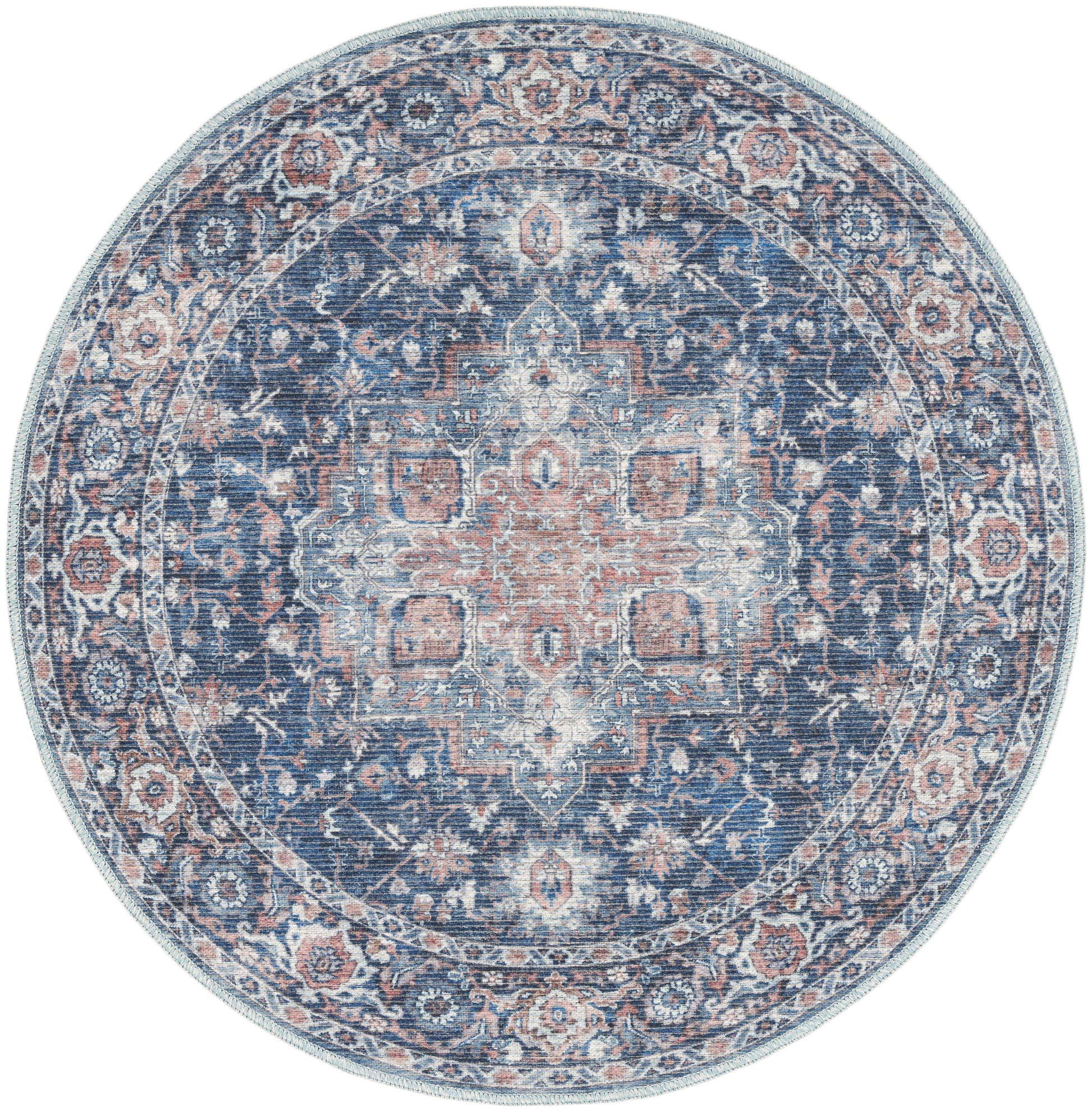 Round oriental rug with blue & ivory tones, peach accents, intricate central medallion & floral border.