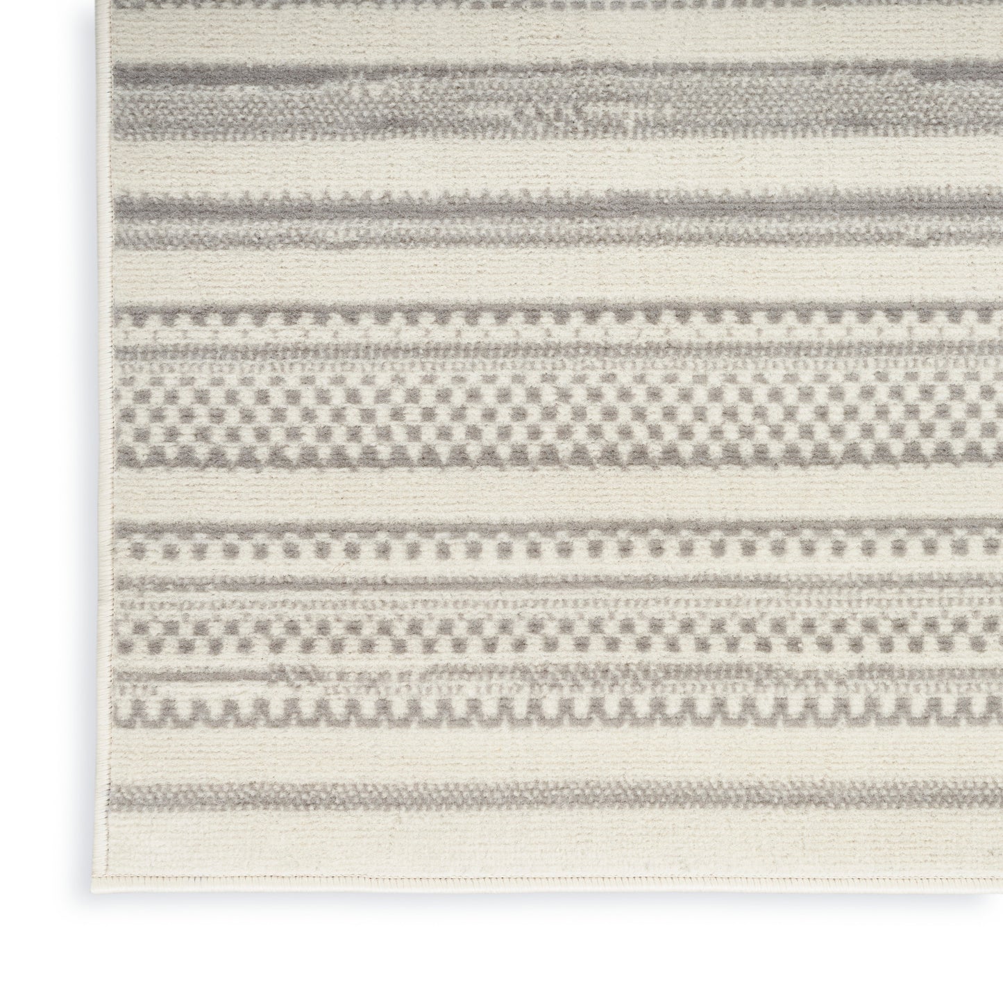 Neutral gray and ivory woven rug with horizontal geometric stripes; flat-weave, casual contemporary style.
