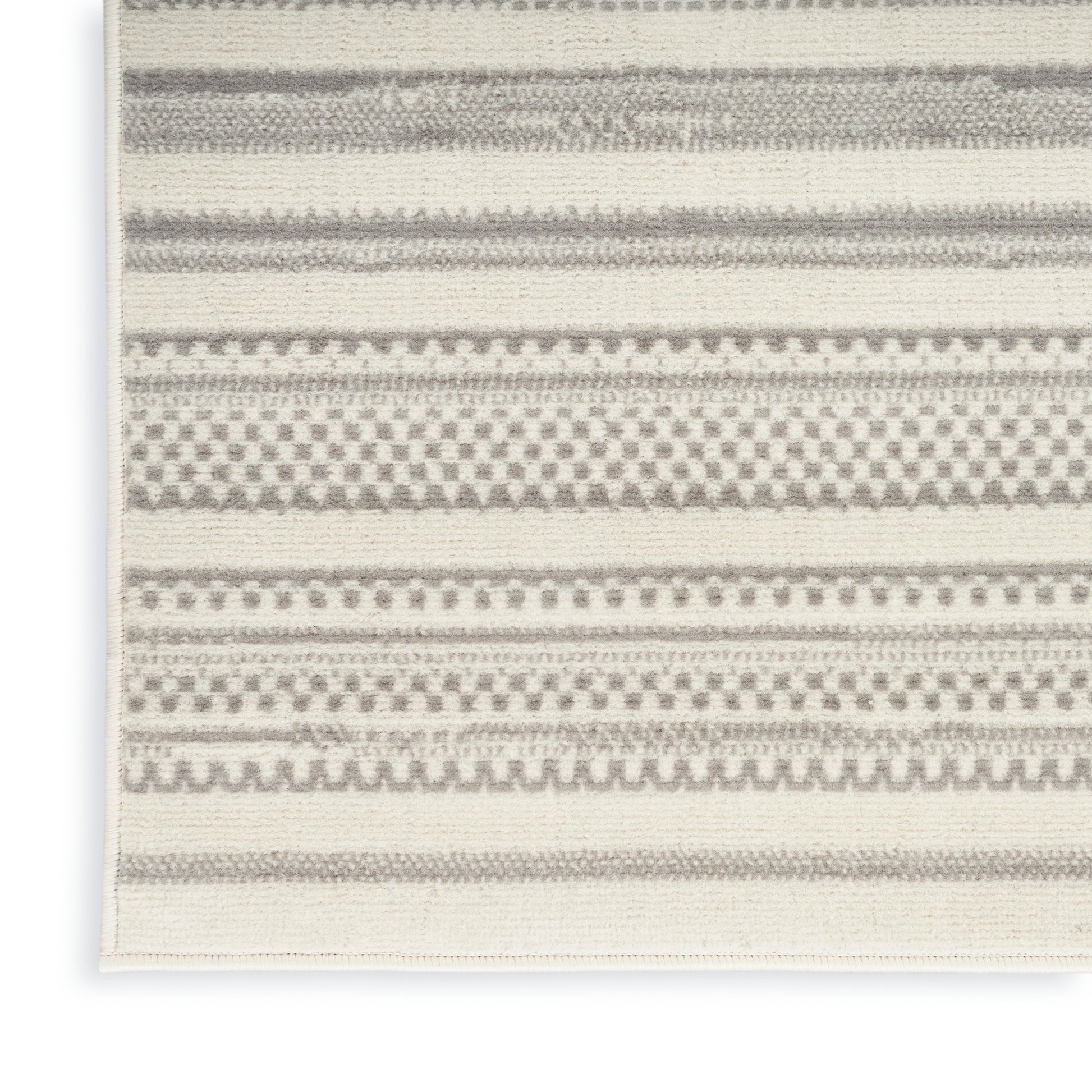 Neutral gray and ivory woven rug with horizontal geometric stripes; flat-weave, casual contemporary style.