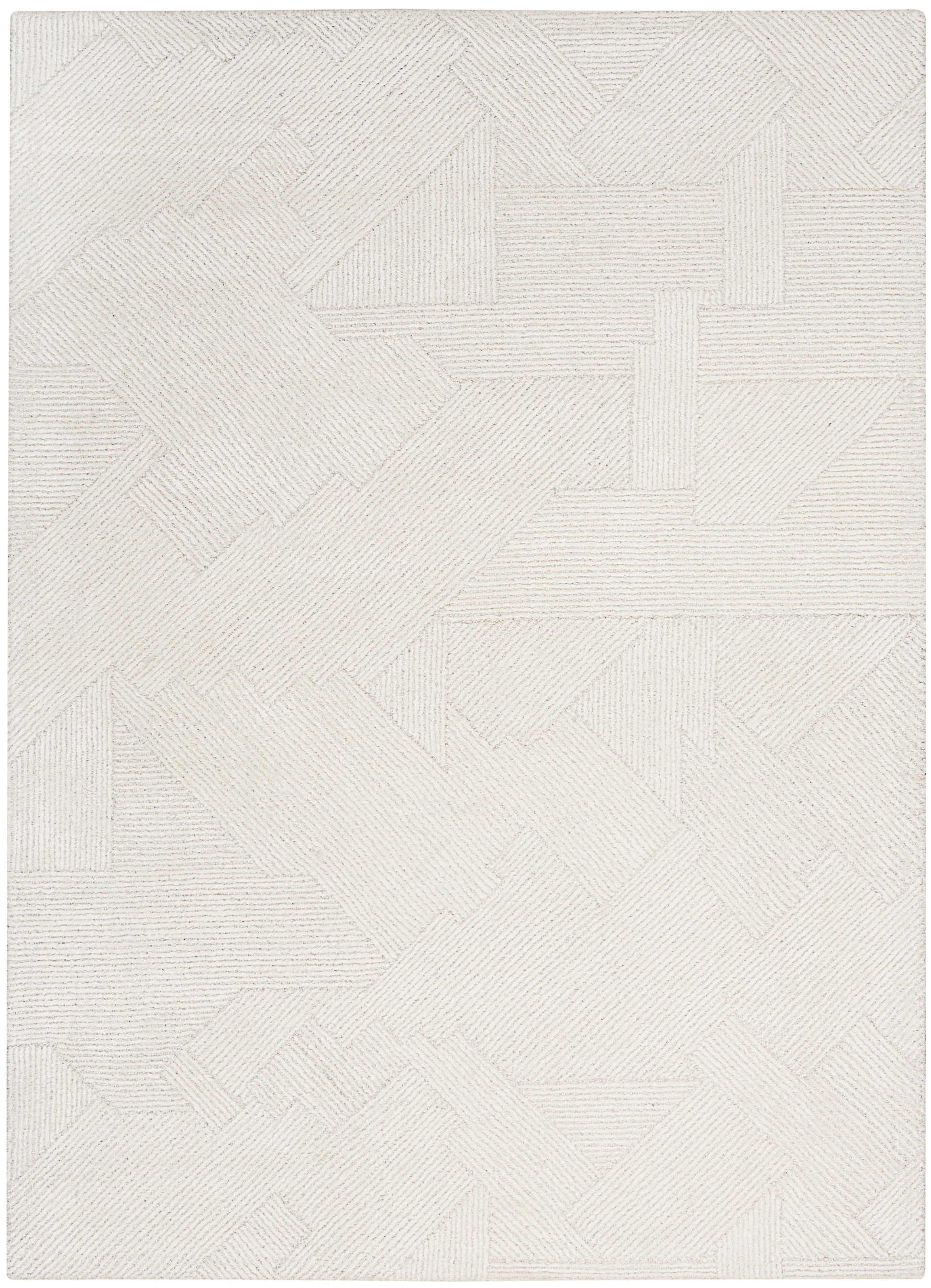Cream-colored area rug with a geometric patchwork of striped rectangles and subtle texture.