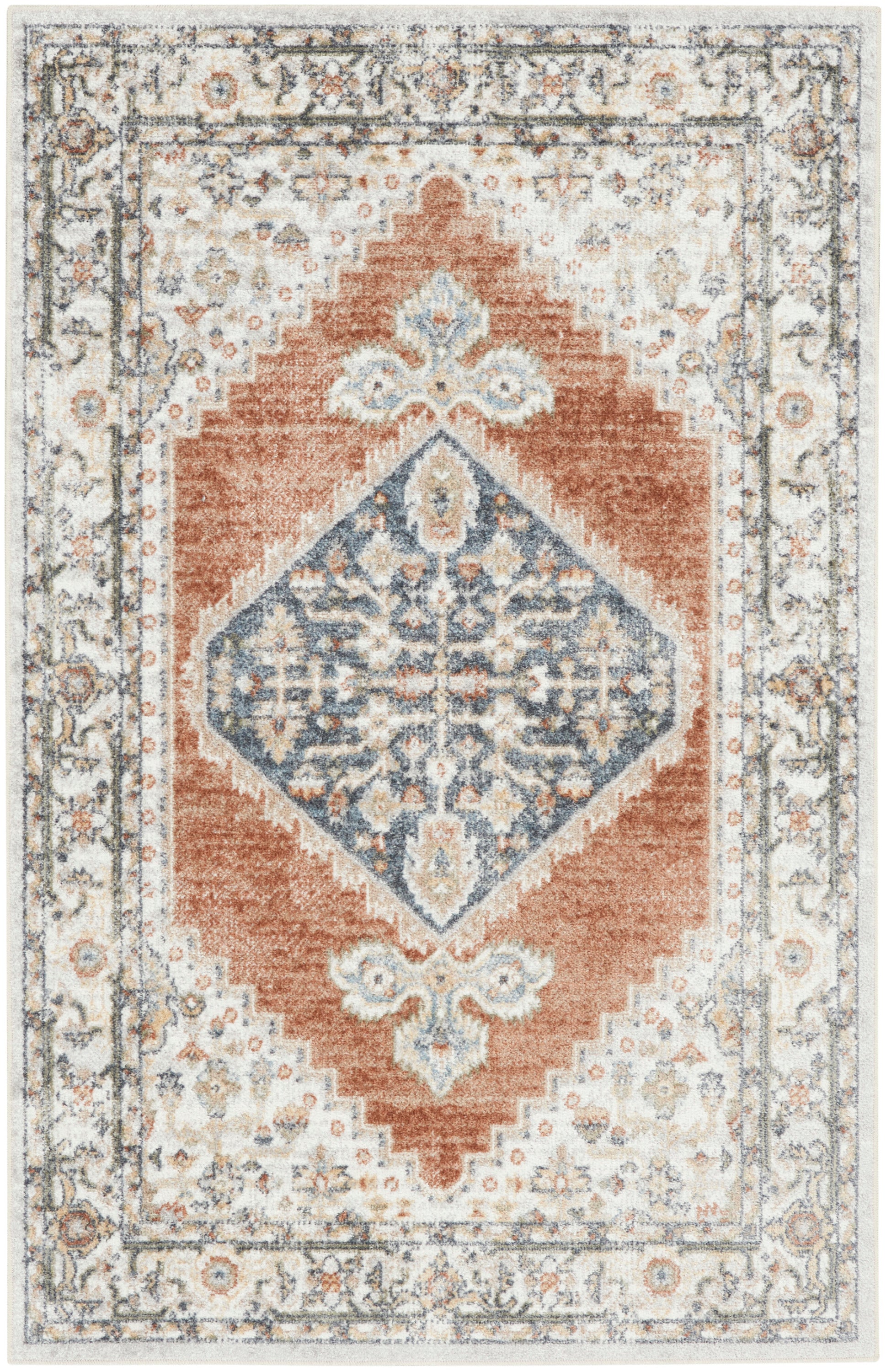 Rust-orange rug with blue diamond medallion and ivory border; traditional Persian-inspired area rug.