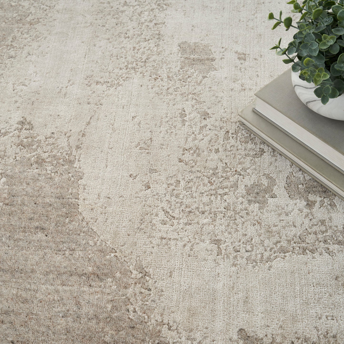 Beige textured rug with subtle distressed pattern, stack of gray books topped by a white pot of greenery in the corner.