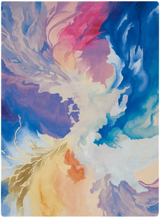 Abstract watercolor-style rug in blues, purples, pinks and yellows; rectangular plush 6' x 8' rug for modern living spaces.