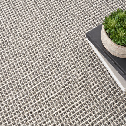 Beige-brown woven rug with a tiny pattern; green succulent in a beige pot sits on stacked black and white books.