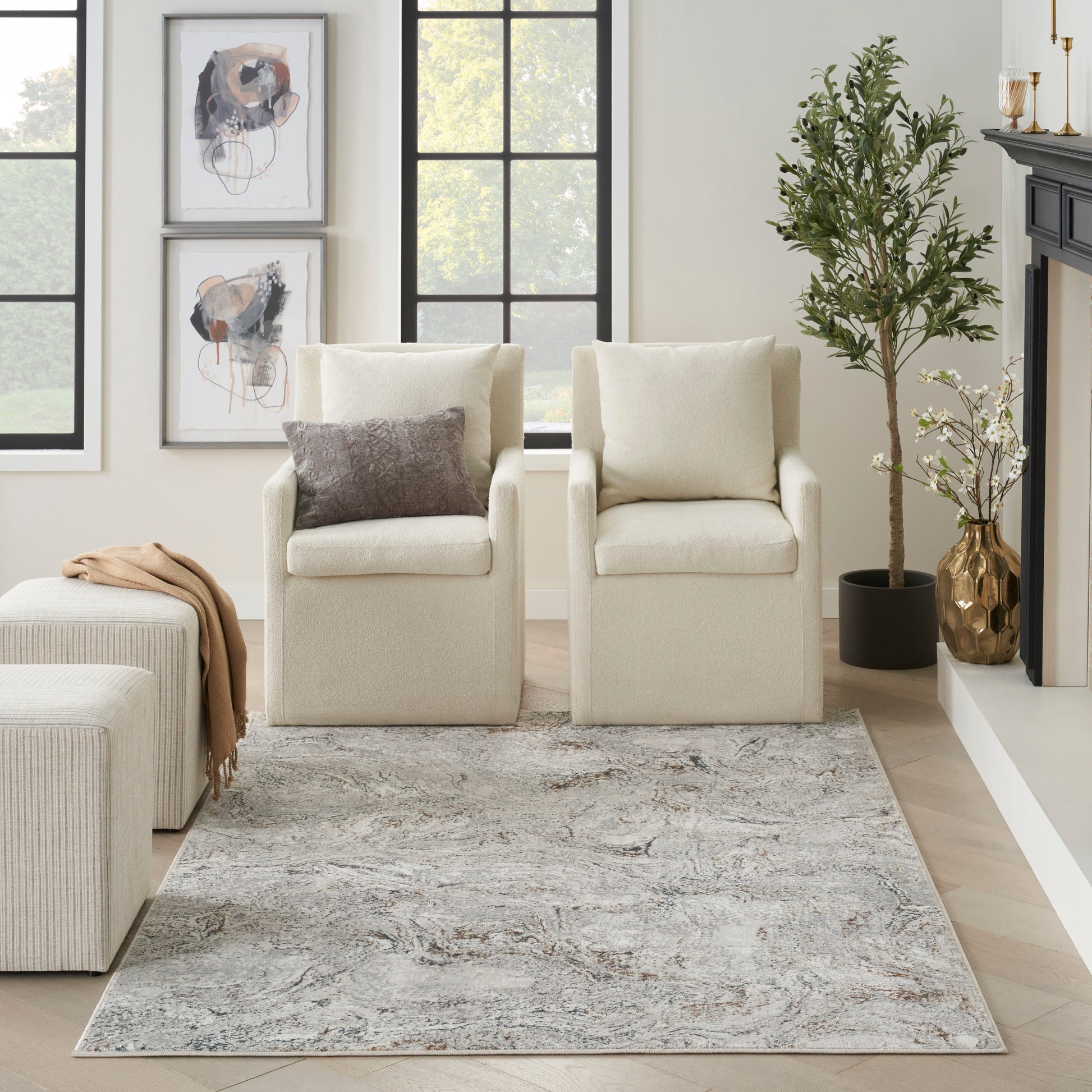 Modern rug with a gray abstract pattern in a bright neutral living room, 5' x 7', with a tall plant visible.