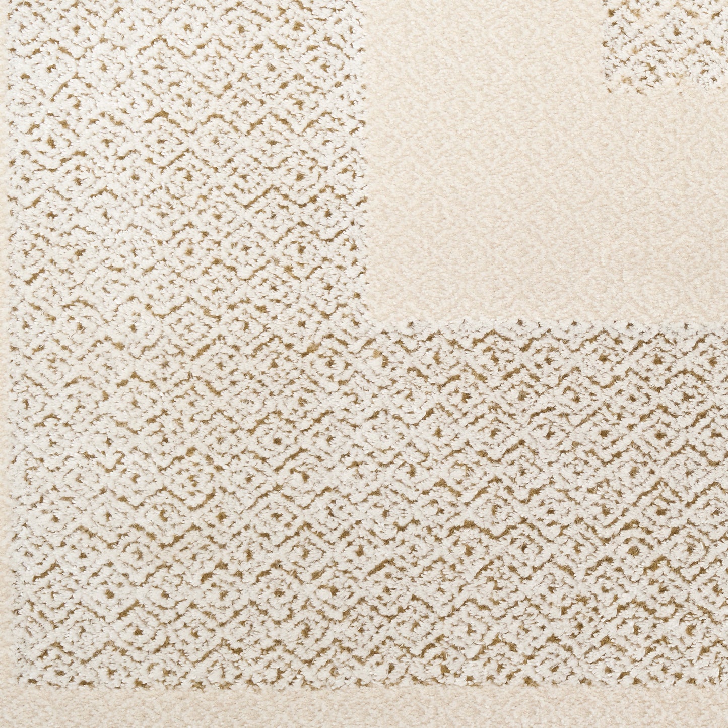 Beige tufted rug with brown geometric diamond lattice pattern; plush pile, modern rectangular area rug for living room decor.