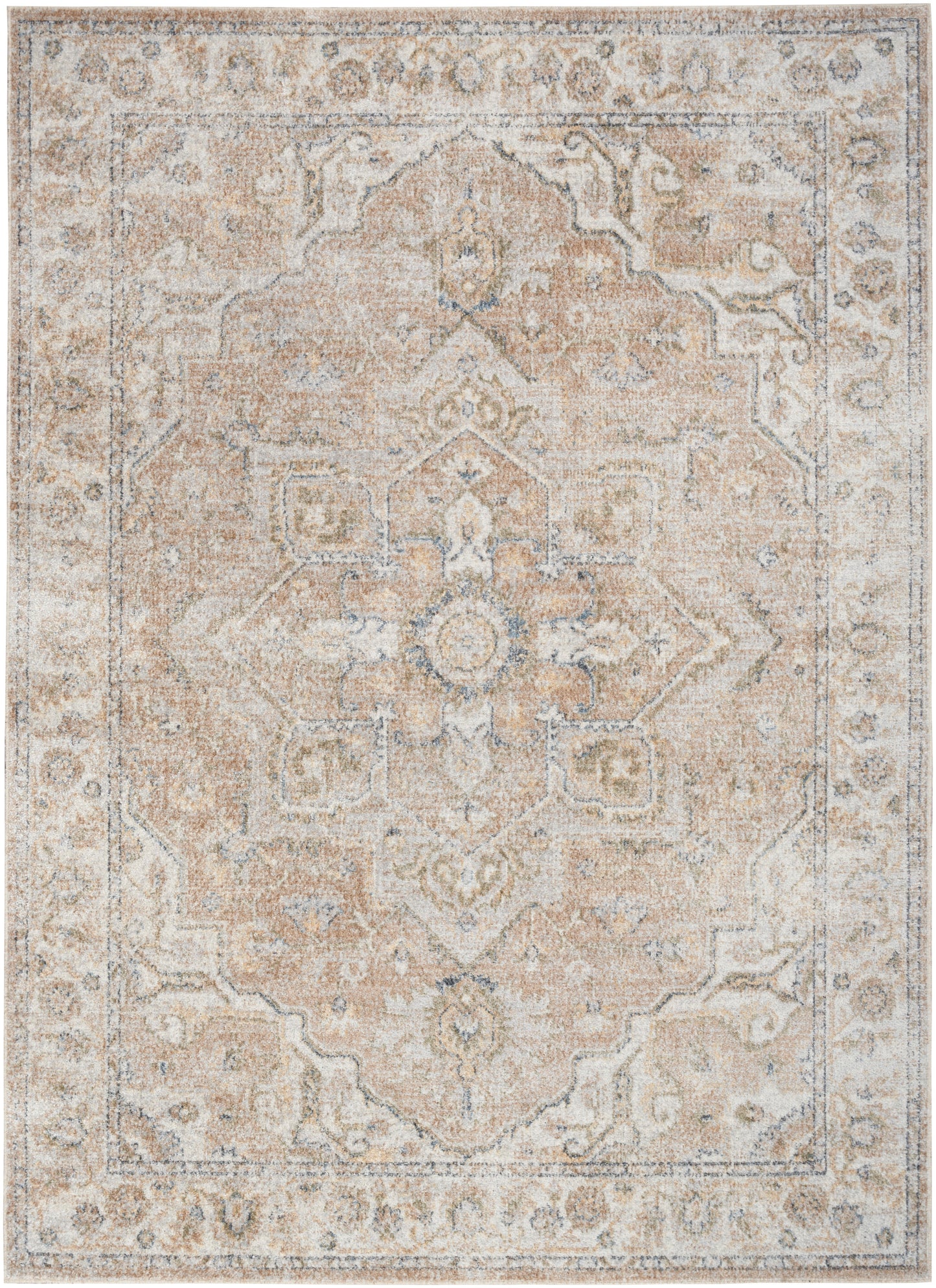 Beige distressed oriental rug with central medallion, blue-gray accents and ornate border.