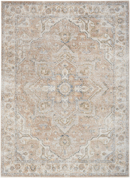 Beige distressed oriental rug with central medallion, blue-gray accents and ornate border.