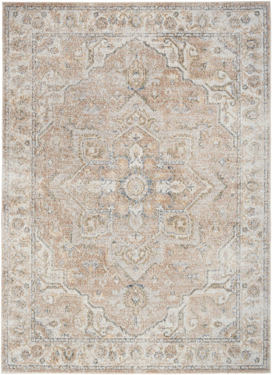Beige distressed oriental rug with central medallion, blue-gray accents and ornate border.