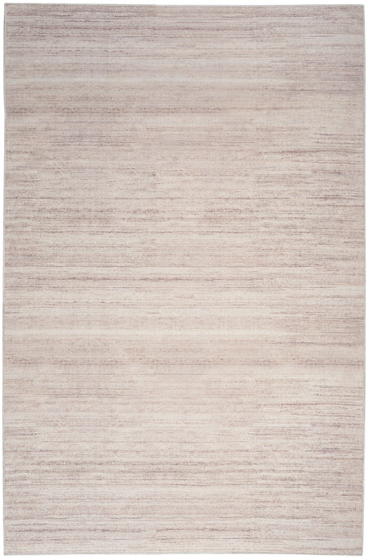 Rectangular beige flatweave rug with subtle cream and taupe horizontal stripes.