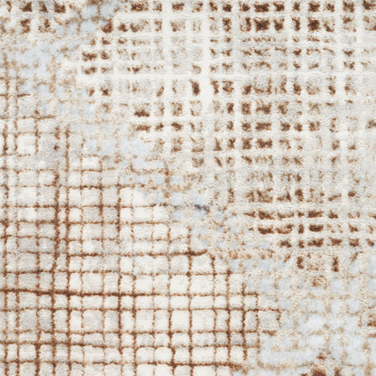 Distressed beige rug with a brown grid pattern and soft blue-gray patches; geometric, modern lattice design.