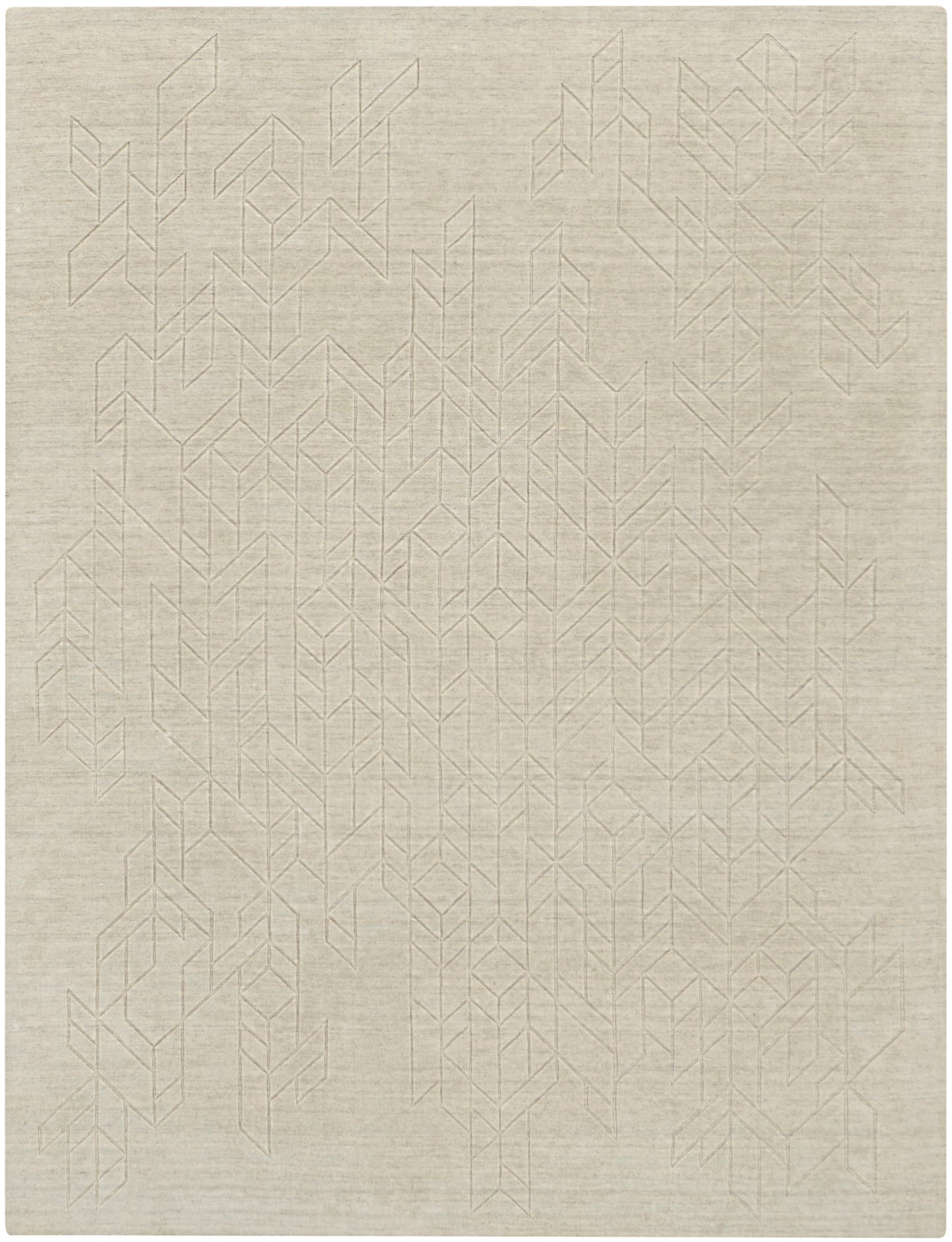 Beige flatwoven rug with a soft, faint geometric chevron lattice pattern; neutral, modern decor for living or bedroom.