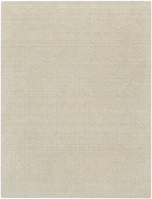 Beige flatwoven rug with a soft, faint geometric chevron lattice pattern; neutral, modern decor for living or bedroom.