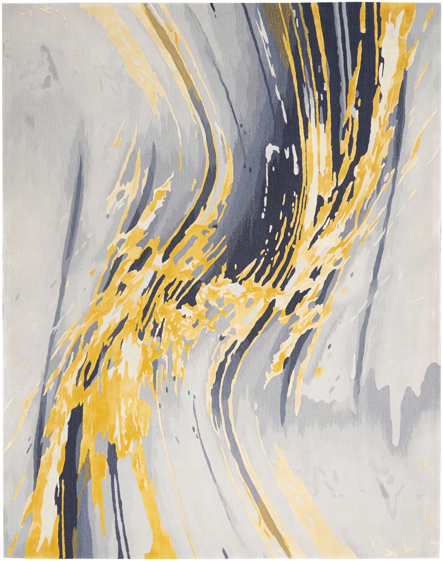 Abstract marbled rug in gray, navy blue, and gold with flowing swirls; modern contemporary design.