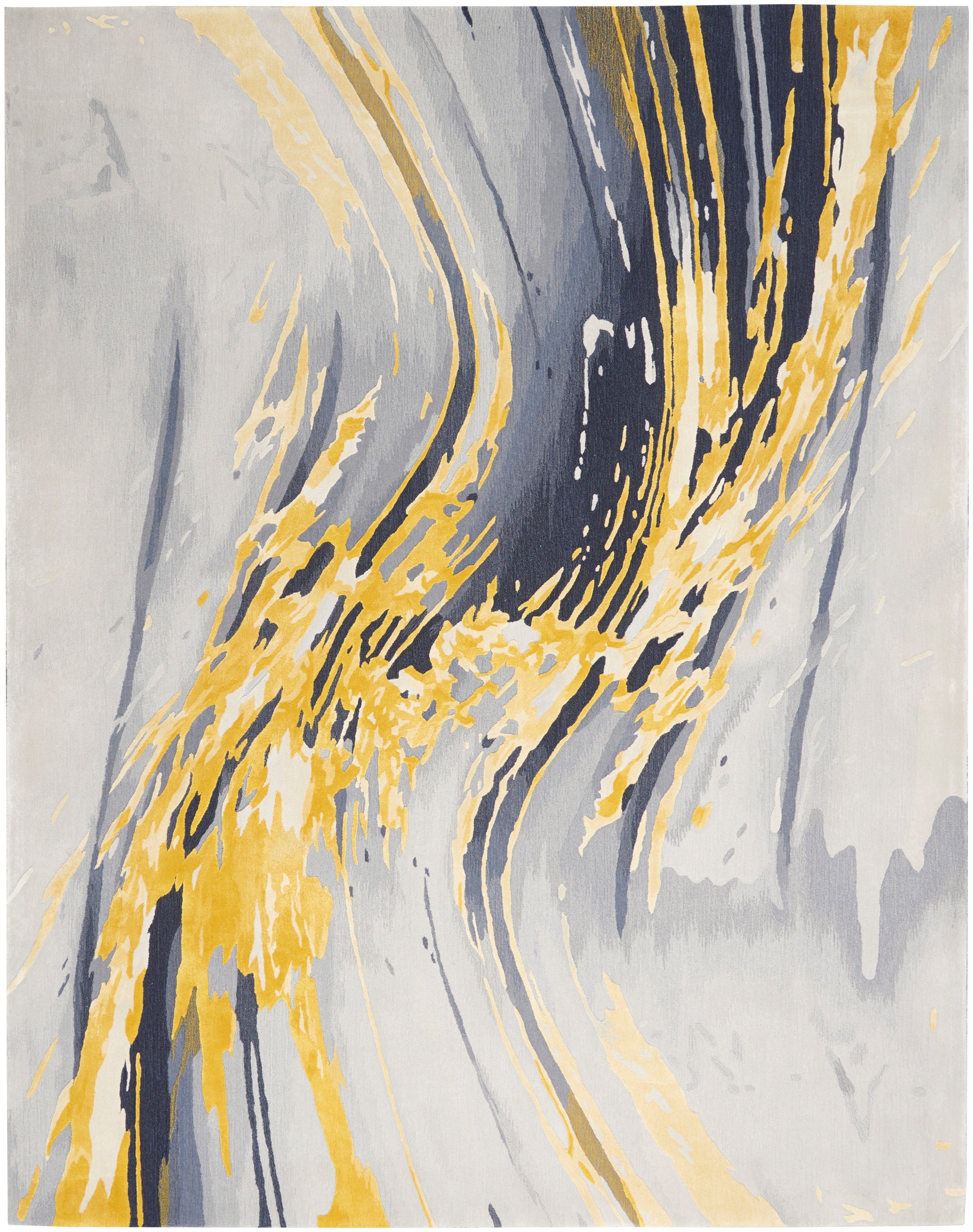 Abstract marbled rug in gray, navy blue, and gold with flowing swirls; modern contemporary design.