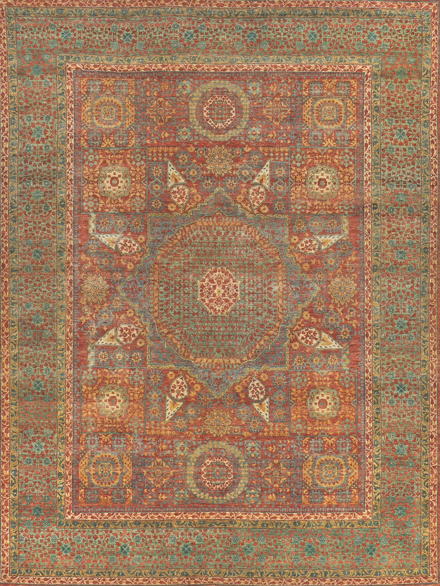 Persian-style rug with red field and octagonal medallion, teal borders, and intricate floral-geometric motifs.