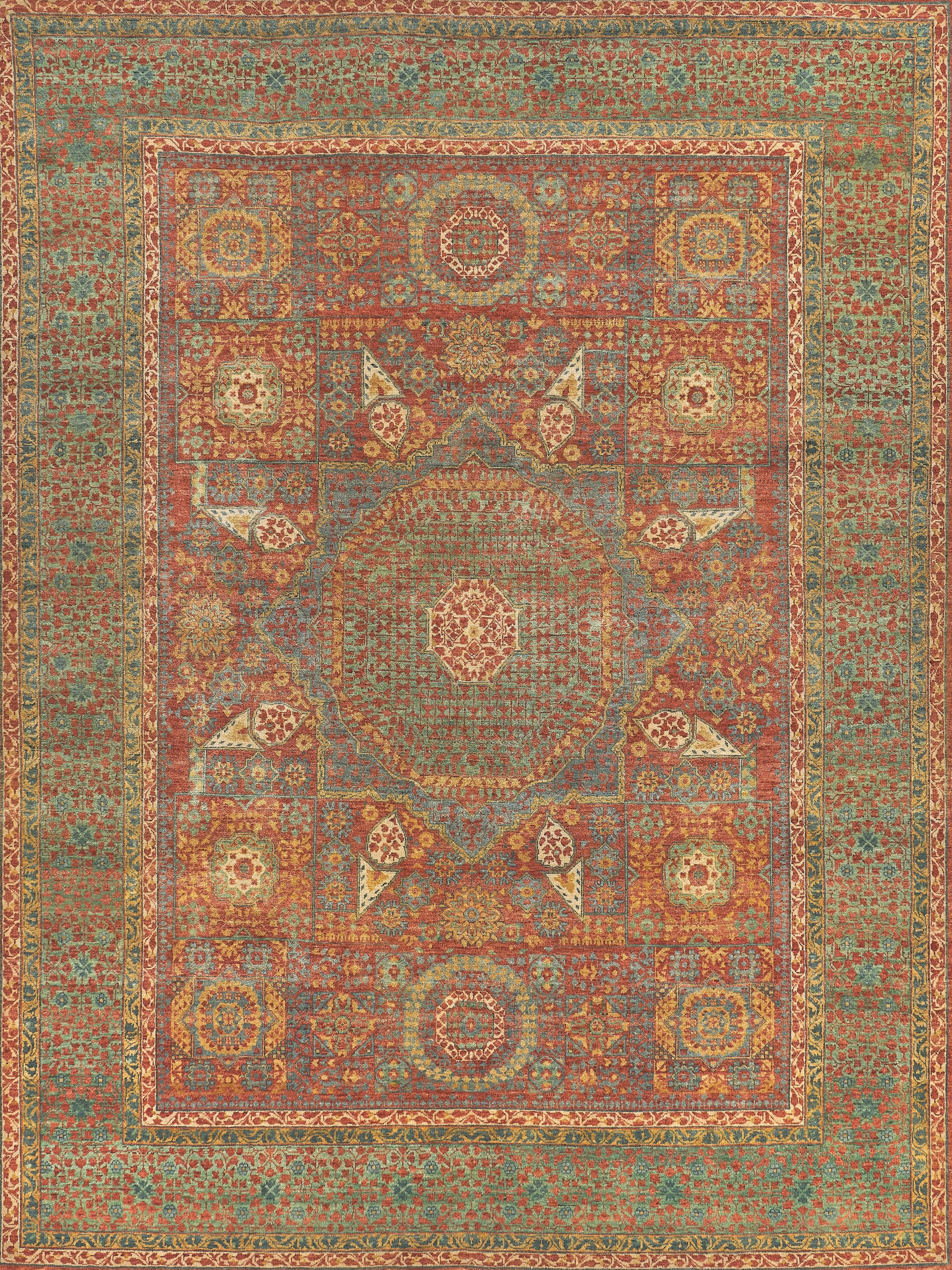Persian-style rug with red field and octagonal medallion, teal borders, and intricate floral-geometric motifs.