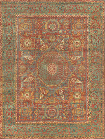 Persian-style rug with red field and octagonal medallion, teal borders, and intricate floral-geometric motifs.