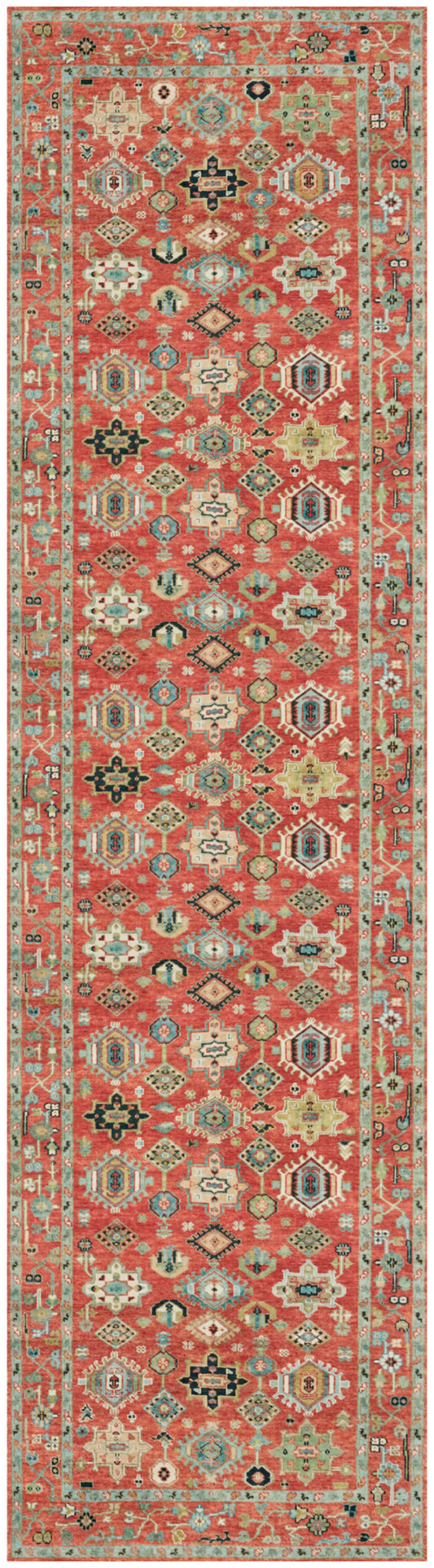 Long oriental-style runner rug with red-orange field, geometric diamond motifs, cream, navy and black accents.