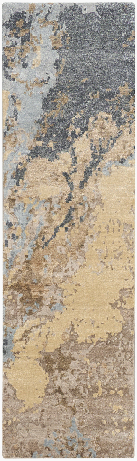 Long abstract distressed runner rug in blue, gray, beige and tan tones with a modern contemporary pattern.