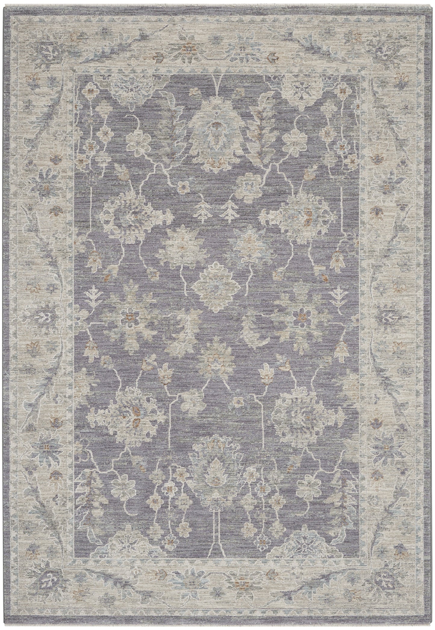 Lavender-gray oriental rug with ivory floral medallions and a light beige border.