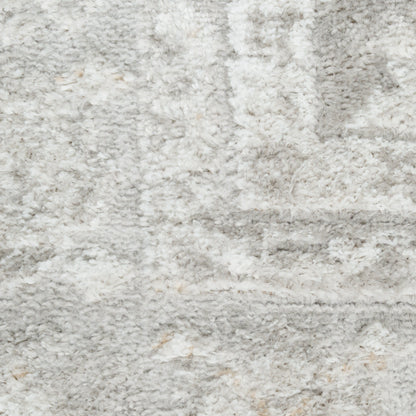 Light gray and white shag rug with plush pile and subtle abstract pattern.