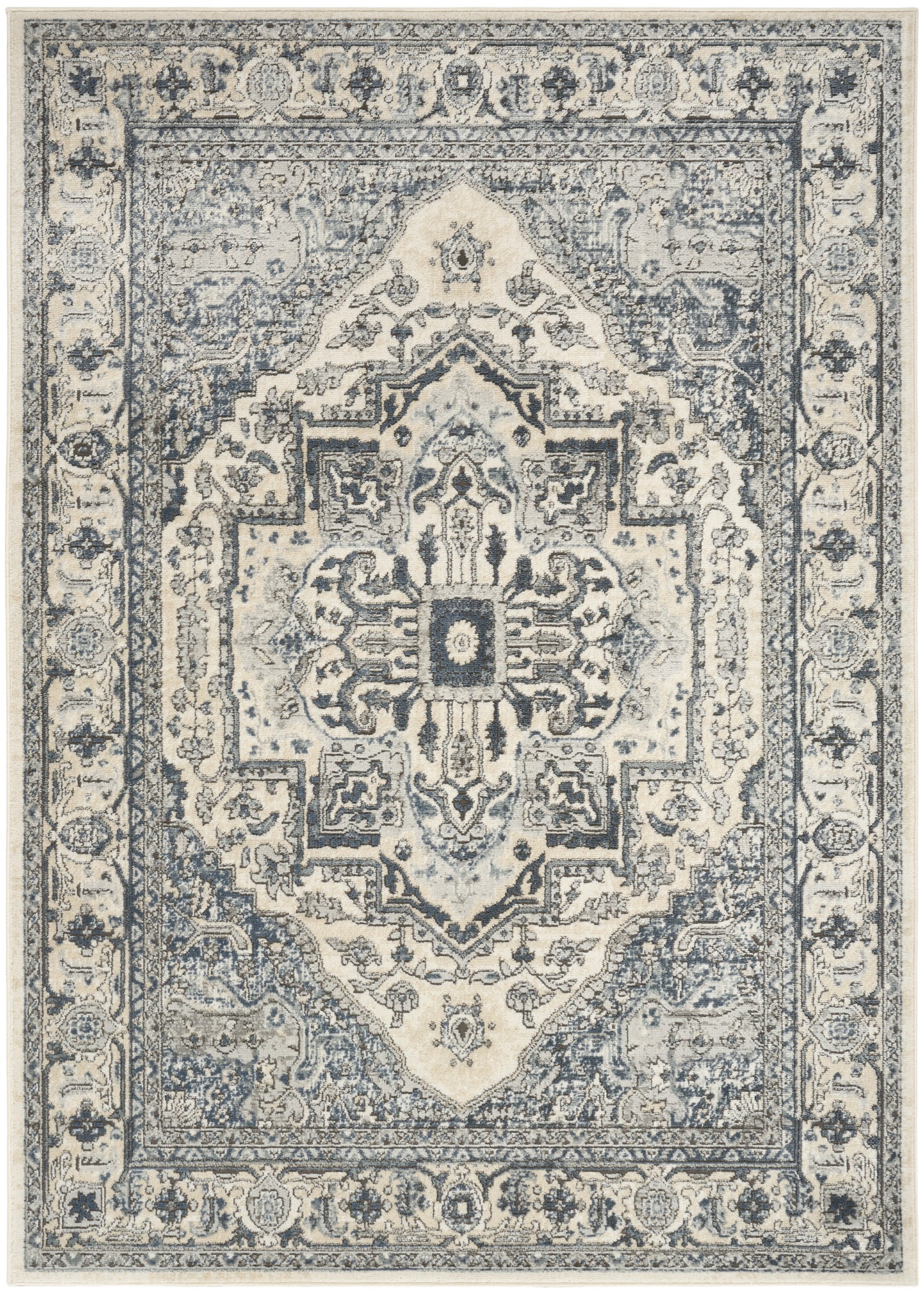 Persian-style oriental rug in ivory and navy with a central medallion and ornate floral borders.